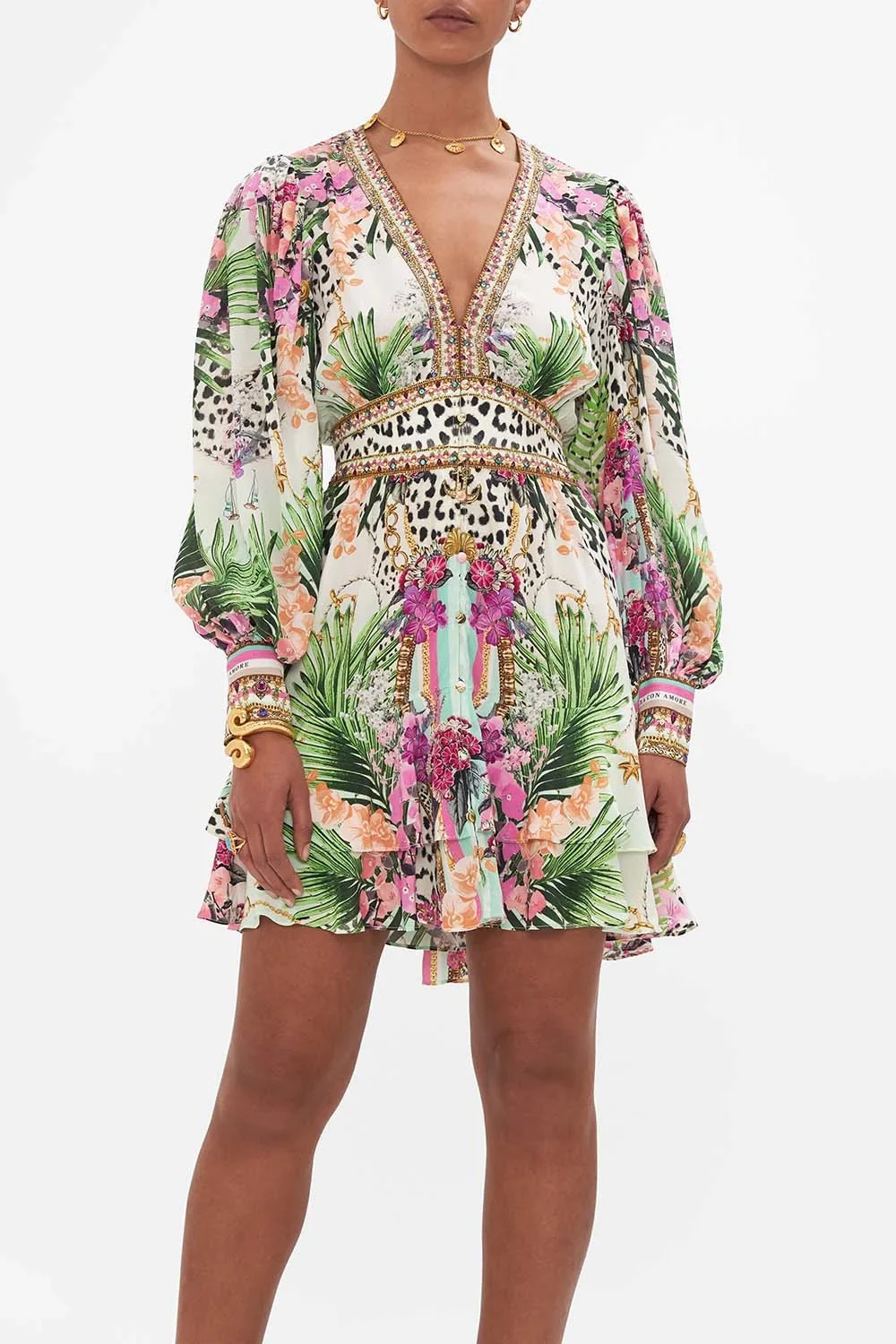 

Women V-Neck Beaded Colorful Print Long Sleeve Silk Short Dress