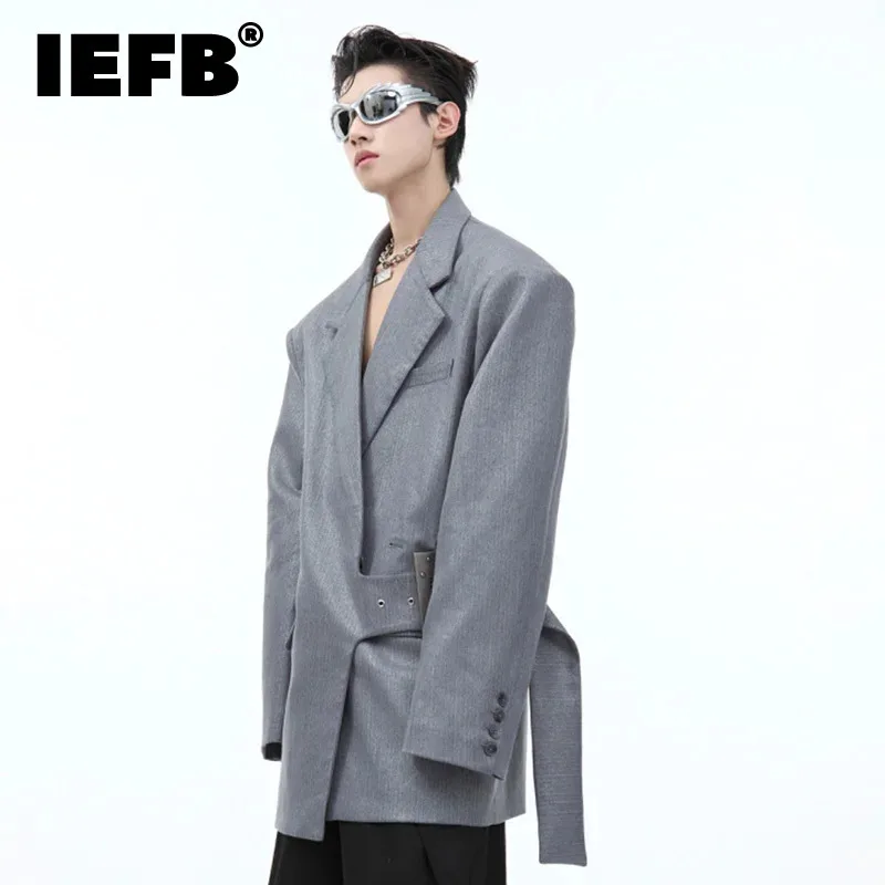 IEFB Men Suit Jacket Metal Buckle Shoulder Pad Silhouette Silver 2024 Zipper Letter Design Male Blazer Streetwear Autumn 24E2731