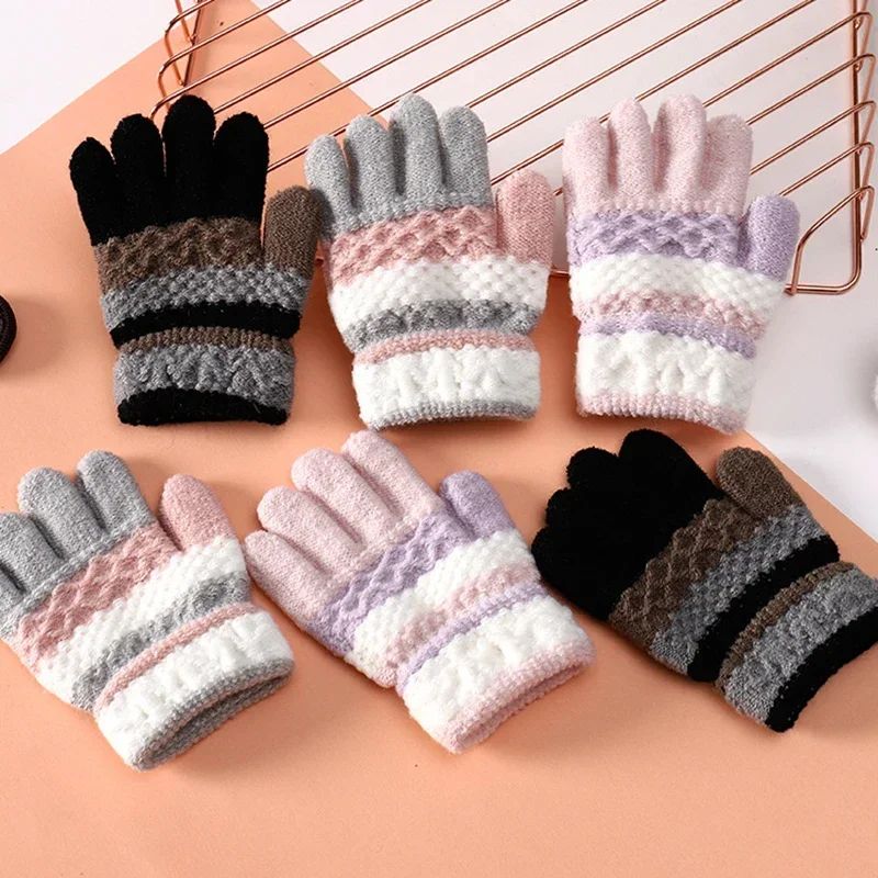 1Pair Winter Warm Cotton Baby Gloves Cute Kawaii Children Striped Split-finger Kindergarten for Boys Girls Kids Knitted Gloves