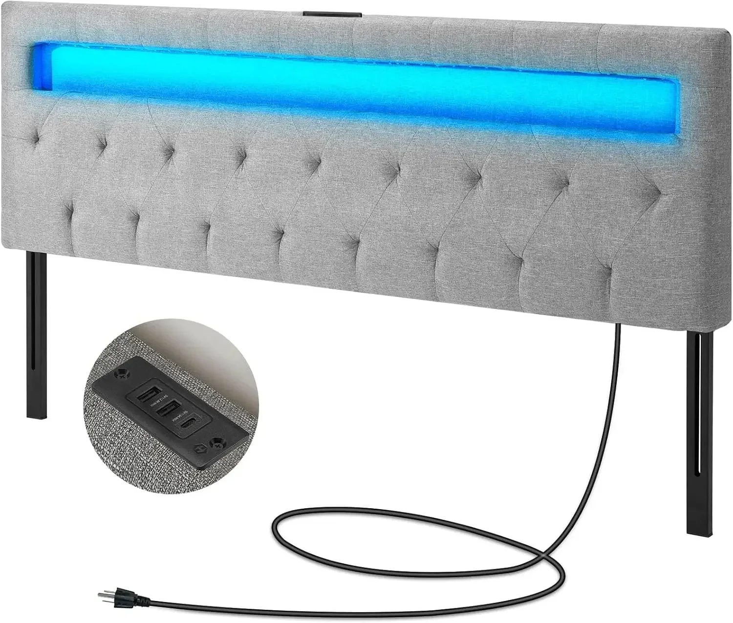 

Изголовье для кровати размера Queen с 60 000 цветами LED-подсветки (DIY), USB и Type-C портами, креплением к каркасу, регулируемой высотой, серое, настенное, M