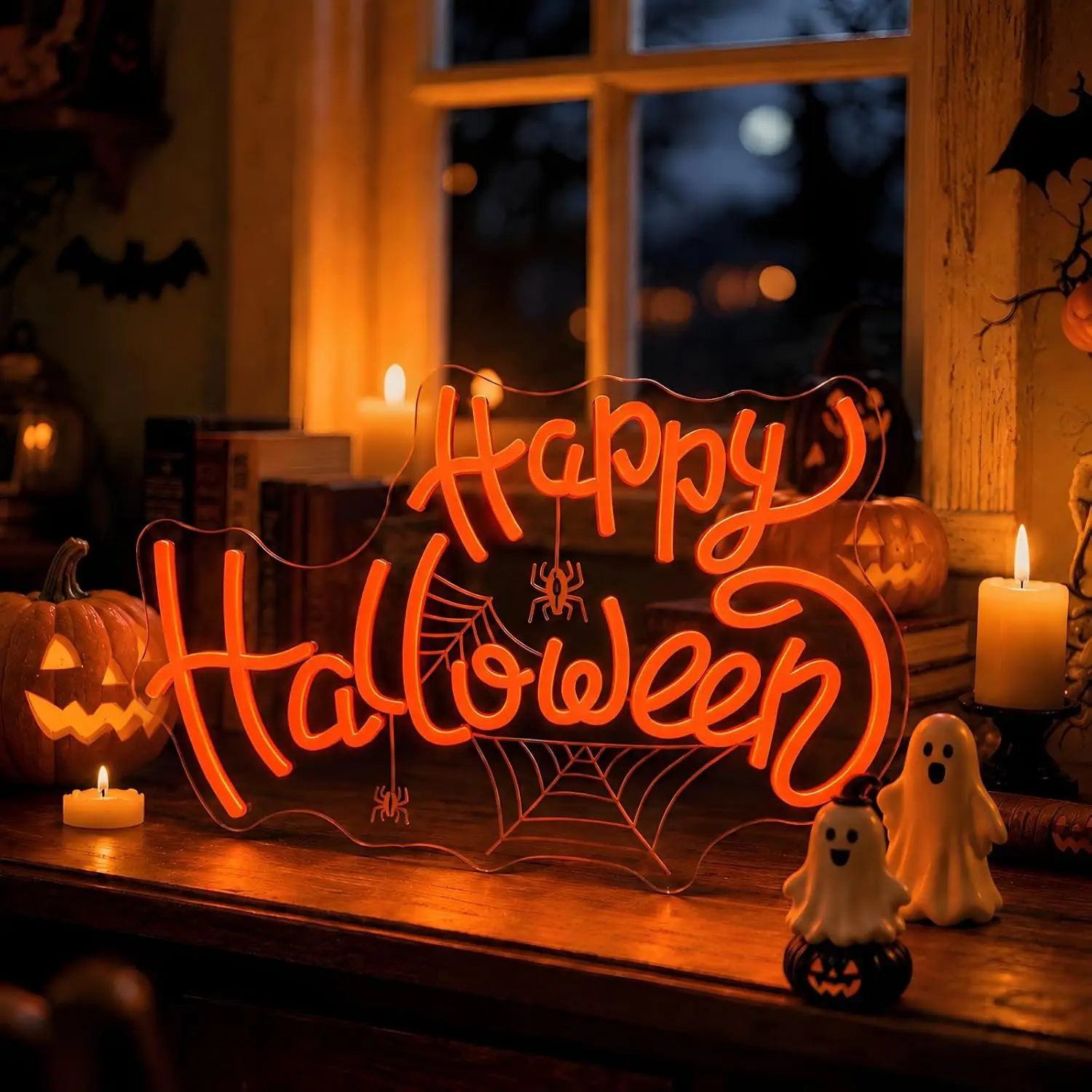 Happy Halloween Neon Sign LED Spider Web Neon Light USB Wall Hanging Lamp for Halloween Party Bedroom Window Home Decor Gift