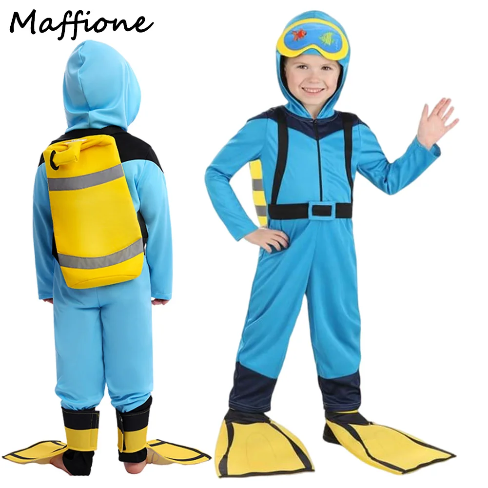 

Kids Boys Girls Diver Cosplay Costume Children Disguise Blue Diving Jumpsuit Bag Outfits Child Halloween Carnival Party Suits
