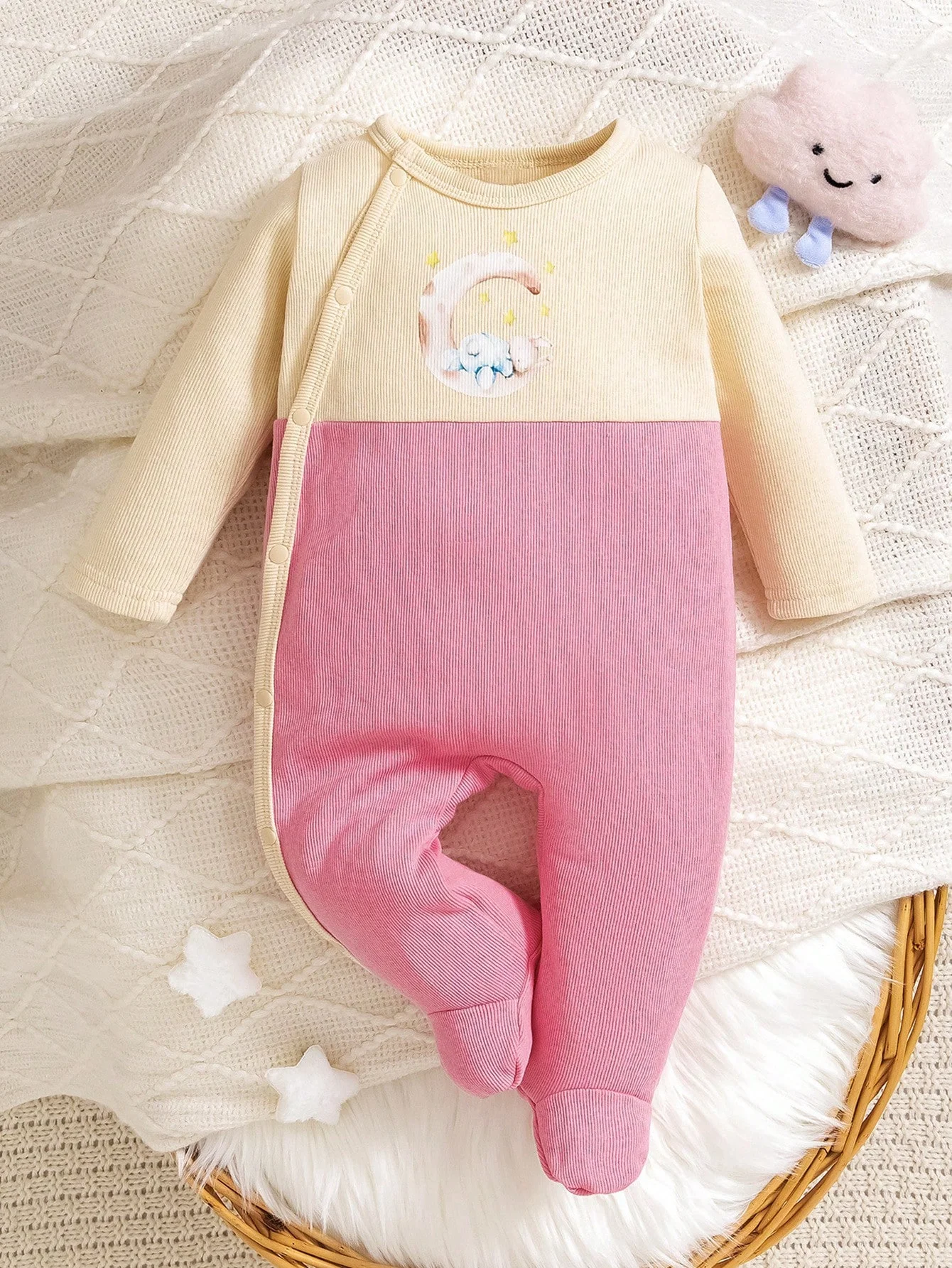 Cherry Harem Double Color-Blocked Moon Print Long-Sleeved Jumpsuit