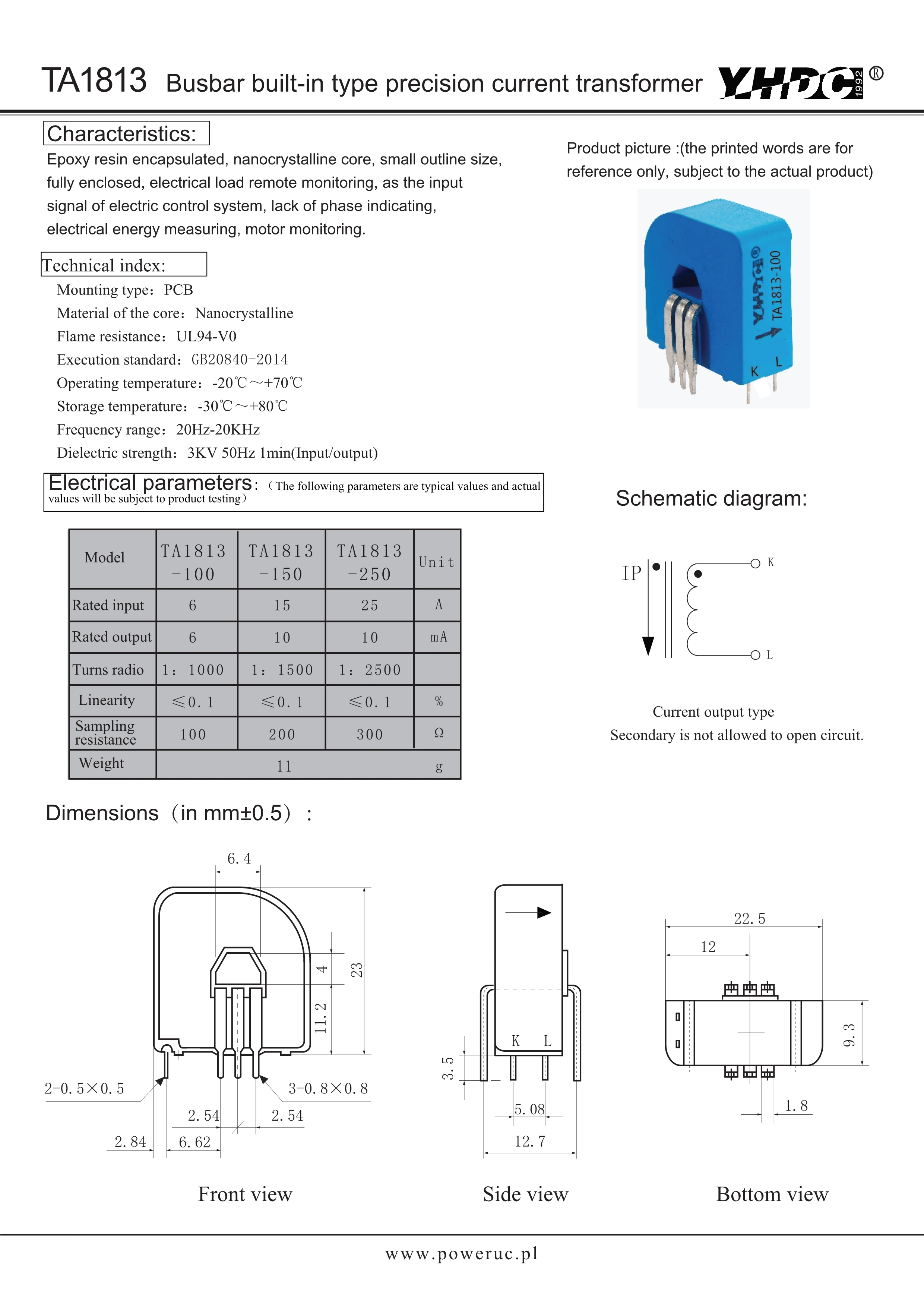 YHDC TA1813-100/150/250 Input 6A/15A/25A Output 6mA/10mA/10mA Primary Core Built-in Type Current Transformer