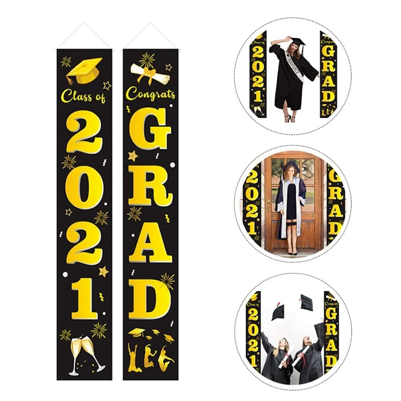 NEW-1 Pair Graduation Porch Sign Class Of 2021 Door Banner Congrats Graduation Signs For Graduation Party Decorations