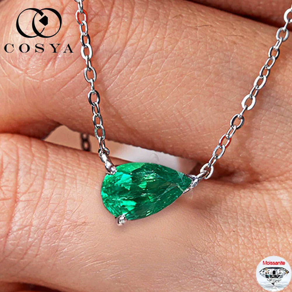 

COSYA 1-2 карата грушевидной огранки, выращенное в лаборатории колумбийский изумрудный пасьянс, ожерелье для женщин, серебро S925, капля воды, муассанит, шейная цепочка, ювелирные изделия