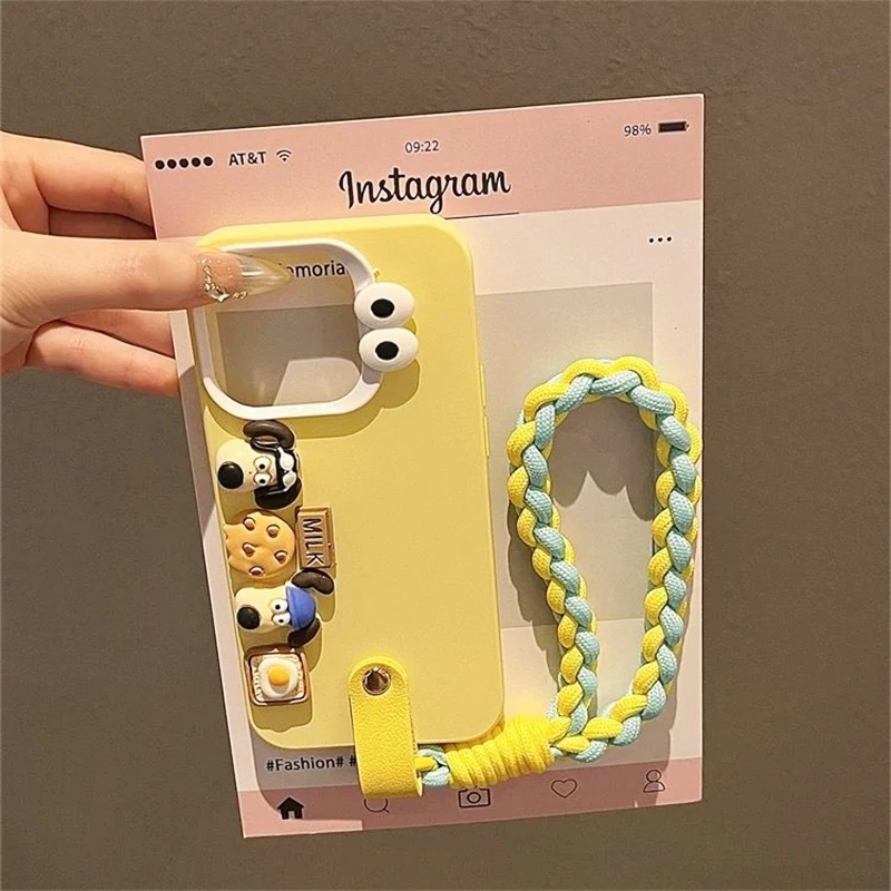 Para iPhone 15 14 Plus 13 12 11 Pro Max funda de teléfono 3D lindo perro salchicha juguete de dibujos animados con correa de mano cubierta suave