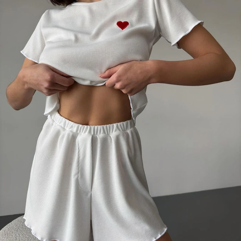

New Summer Knitted Pit Bar Love Two piece Fashion Set Short Sleeve Shorts Pajamas Women's Home Clothes