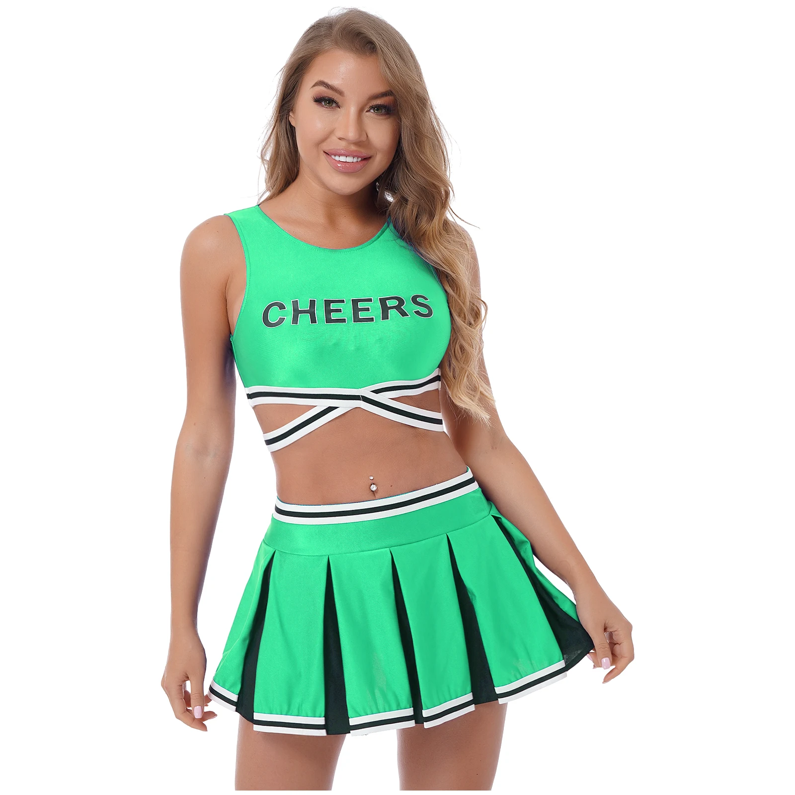 Women Adults Cheerleading Uniforms Cosplay Costume Cheerleader Outfit Crop Top with Pleated Skirts Team Sports Dance Performance