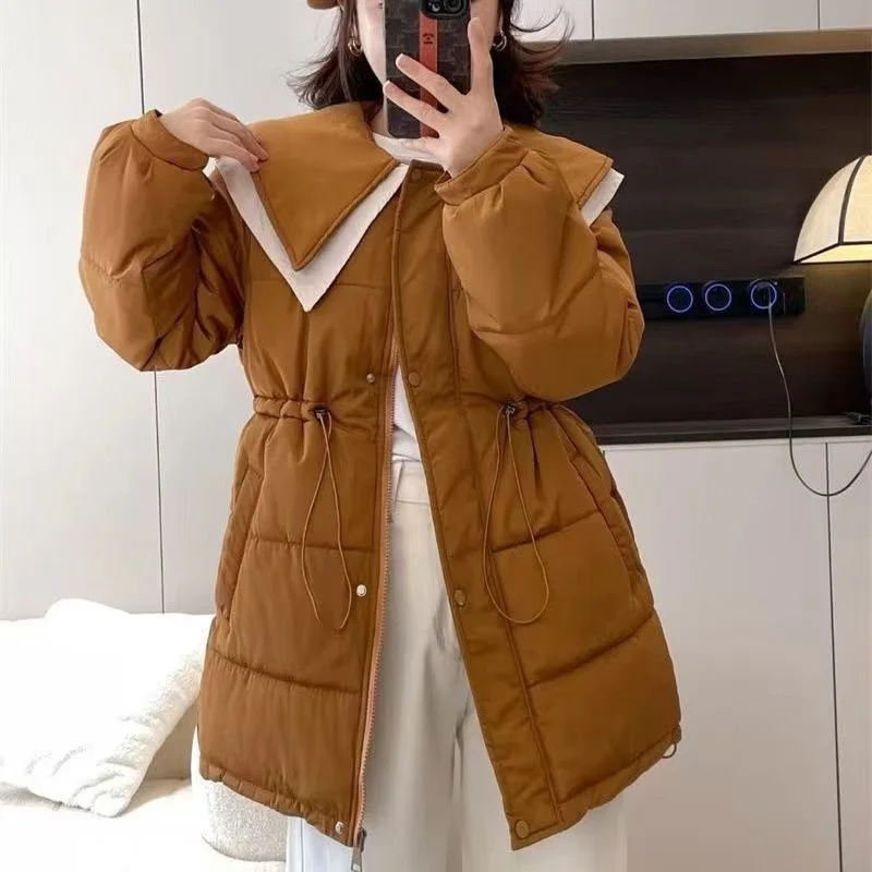

Winter Down Coat Women Parkas 2025 New Fashion Warm Cotton Padded Jacket Ladies Western Outwear Navy Collar Overwear Female Tops