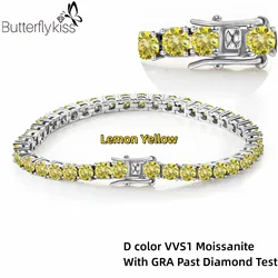 Butterflykiss 5/6.5mm Genuine Lemon Yellow Moissanite Tennis Bracelet Christmas Gift Platinum Plated 925 Sterling Silver Jewelry