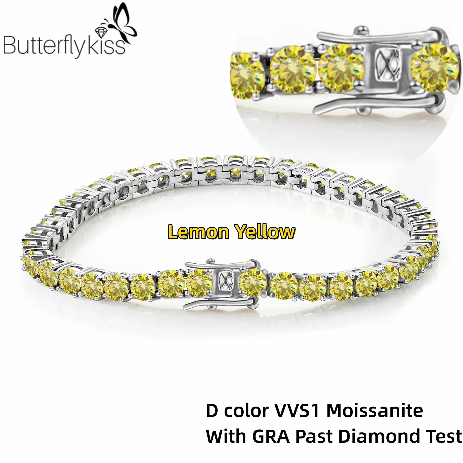 Butterflykiss 5/6.5mm Genuine Lemon Yellow Moissanite Tennis Bracelet Christmas Gift Platinum Plated 925 Sterling Silver Jewelry