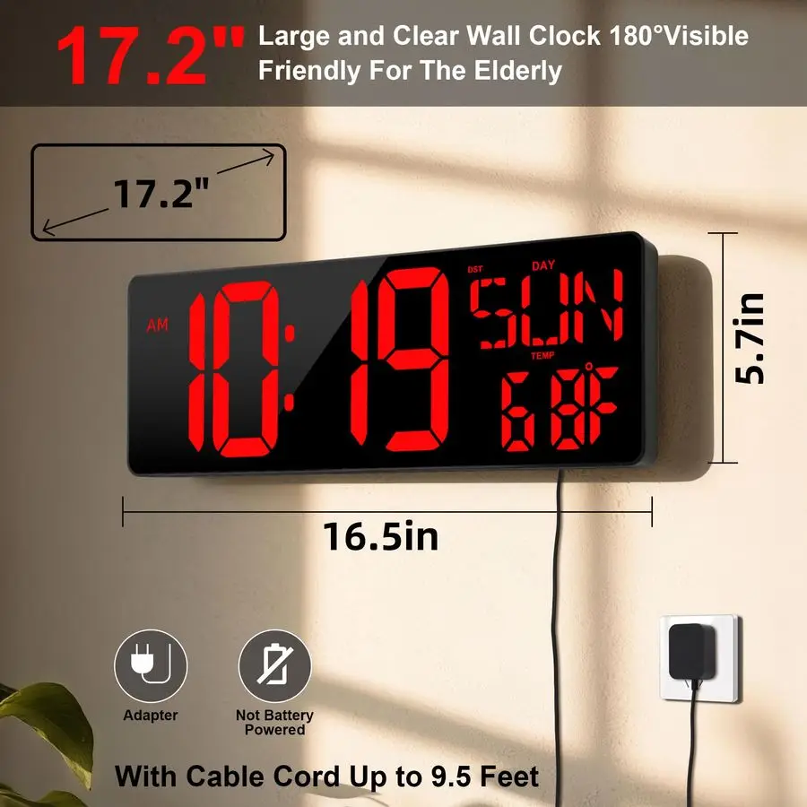 Digital Wall Clock with Remote Control 17.2 LED Large Display Timer with Temperature Date Week Auto DST Adjustable Brightness, B