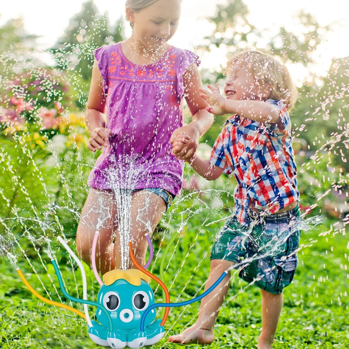 Octopus shape. Outdoor sprinkler for kids and toddlers, summer outdoor toy backyard play with 8 swing tubes