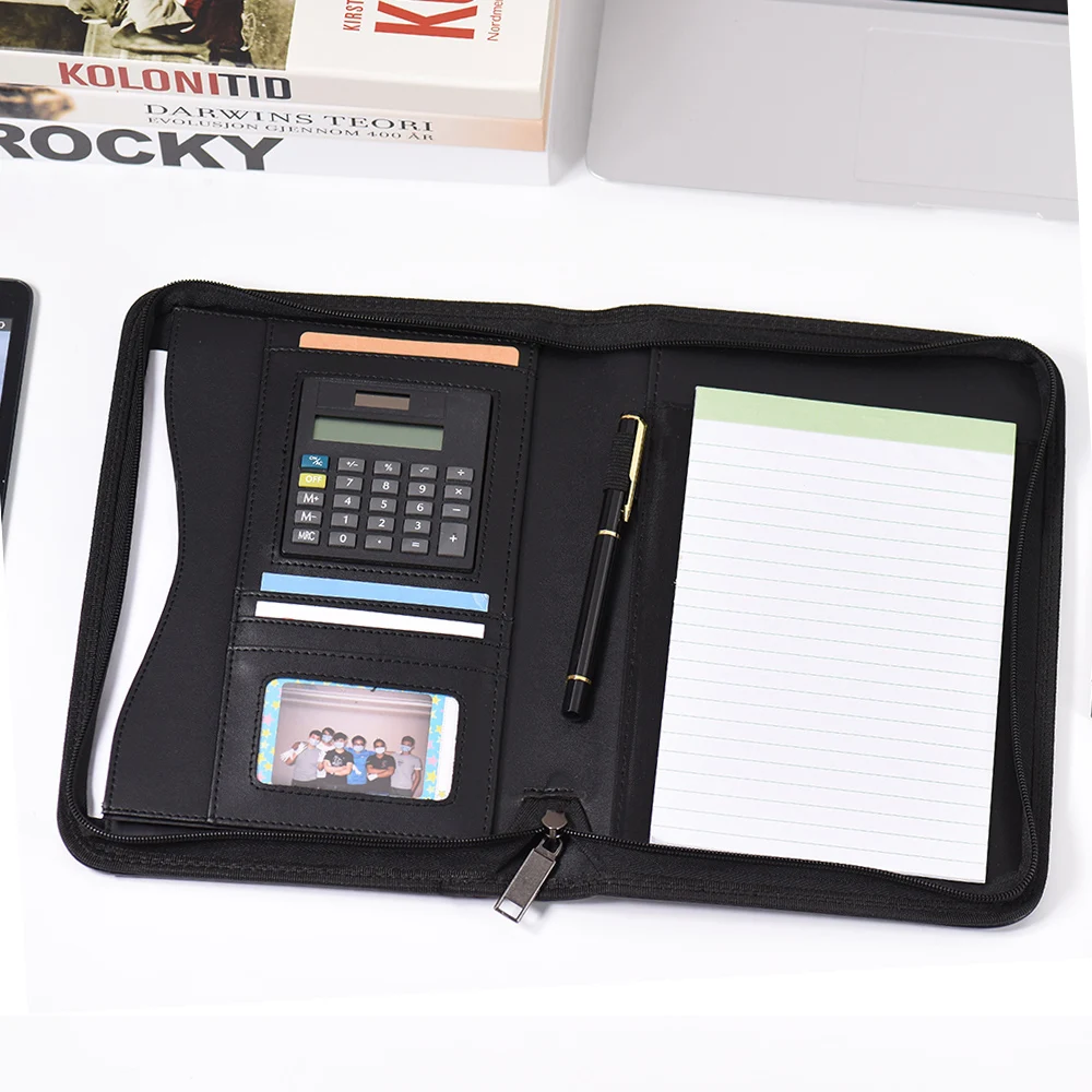 Carpeta de cuero PU A5, carpeta de padfolio de negocios, estuche para documentos, cierre con cremallera y calculadora, tarjetero, Bloc de notas y notas