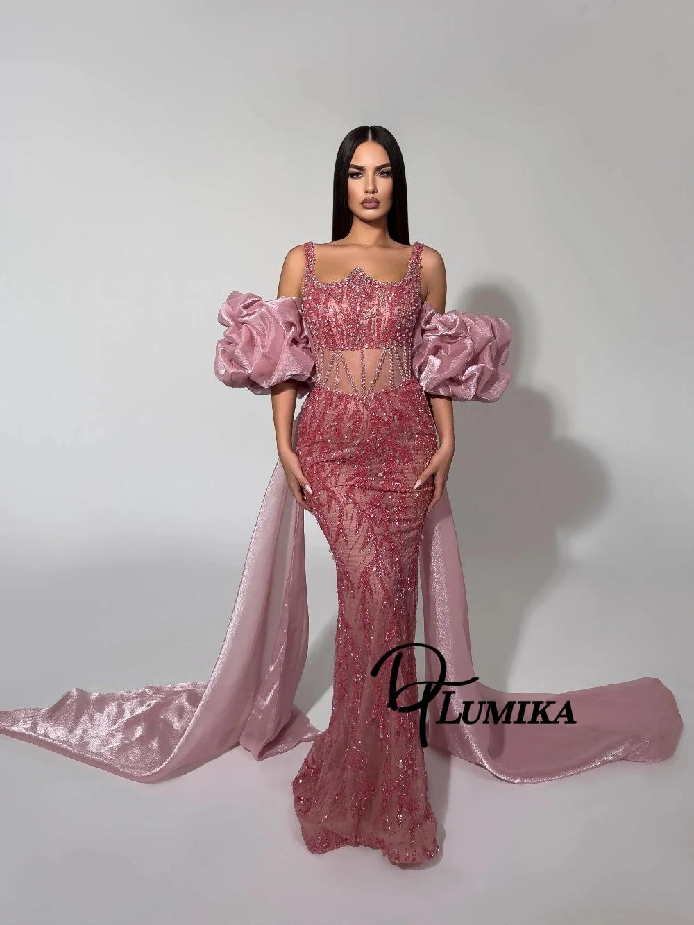 

Luxury Fuchsia Mermaid Cocktail Dress Sheer Sexy Cutout Puff Sleeves Fitted Evening Gown Sparkly Prom Party Wear For Women