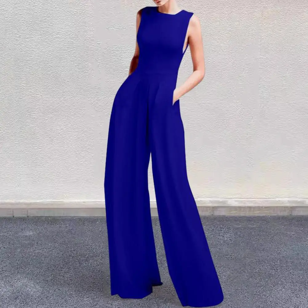 

Wide-leg Hem Jumpsuit Elegant Wide Leg Jumpsuit with High Waist Pockets for Women Formal Ol Commute Style Summer Outfit Stretchy