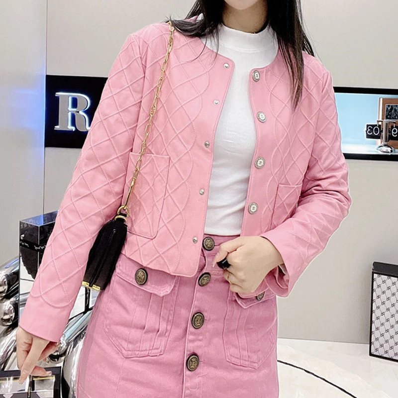 Women Fashion Clothing Genuine Leather Short Coat Ladies Vintage Diamond Embroid Slim Jackets Streetwear White Pink Chaquetas