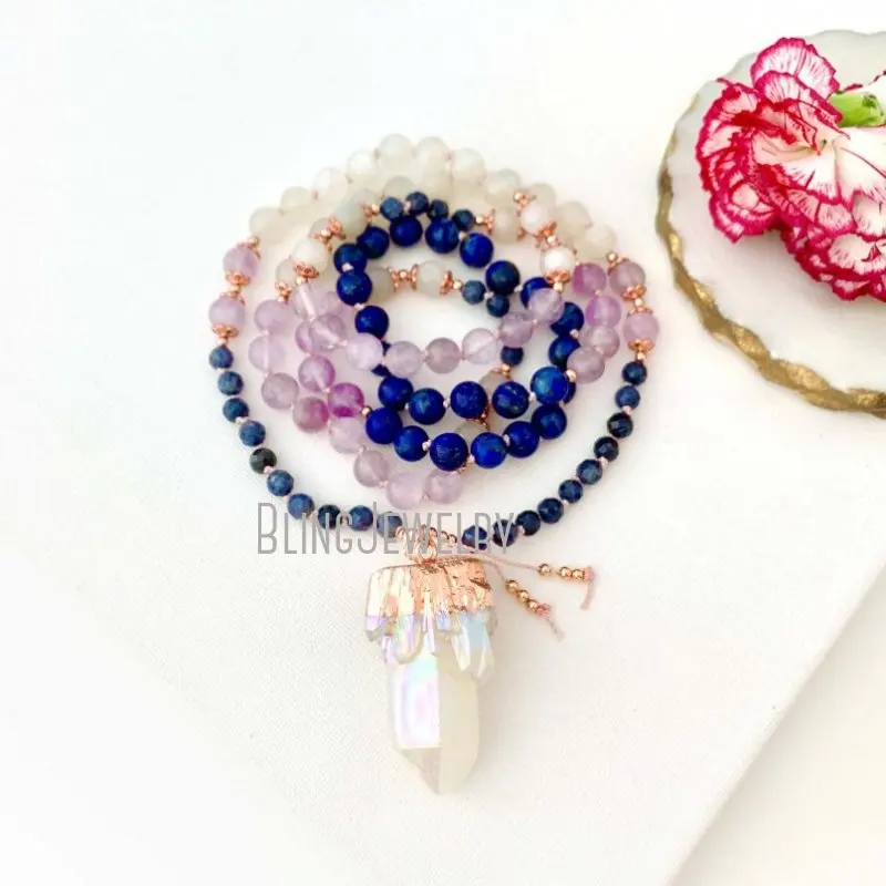 MN34520 Goddess Of Love And Beauty Blue Sapphire Amethyst Moonstone   Lapis 108 Mala Prayer Beads  Necklace