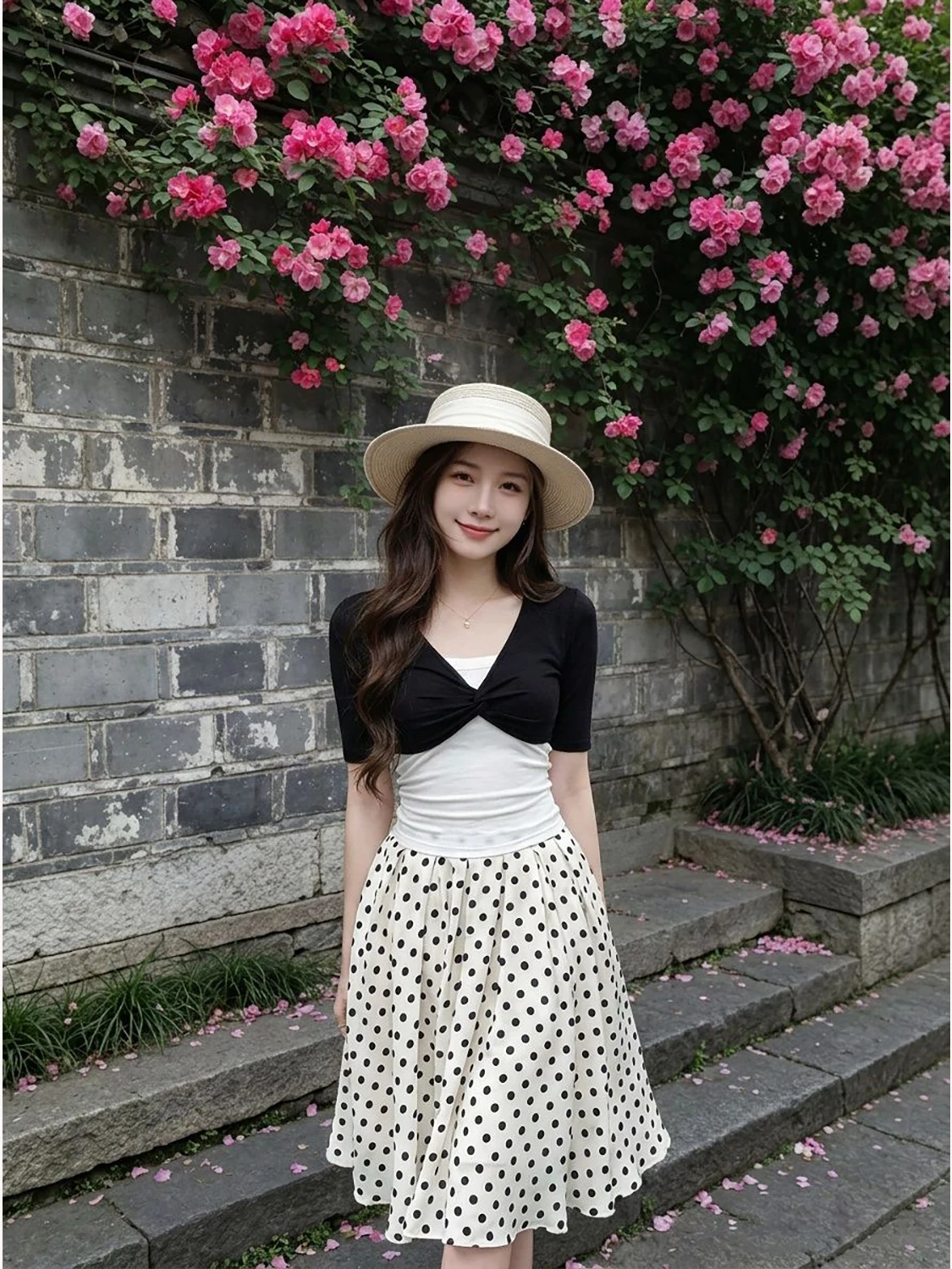 

Trendy 2026 Spring Summer Stripe Letter Print Two-Way Shoulder Loose Fit Short Sleeve T-Shirt with Detachable Belt A-Line Skirt