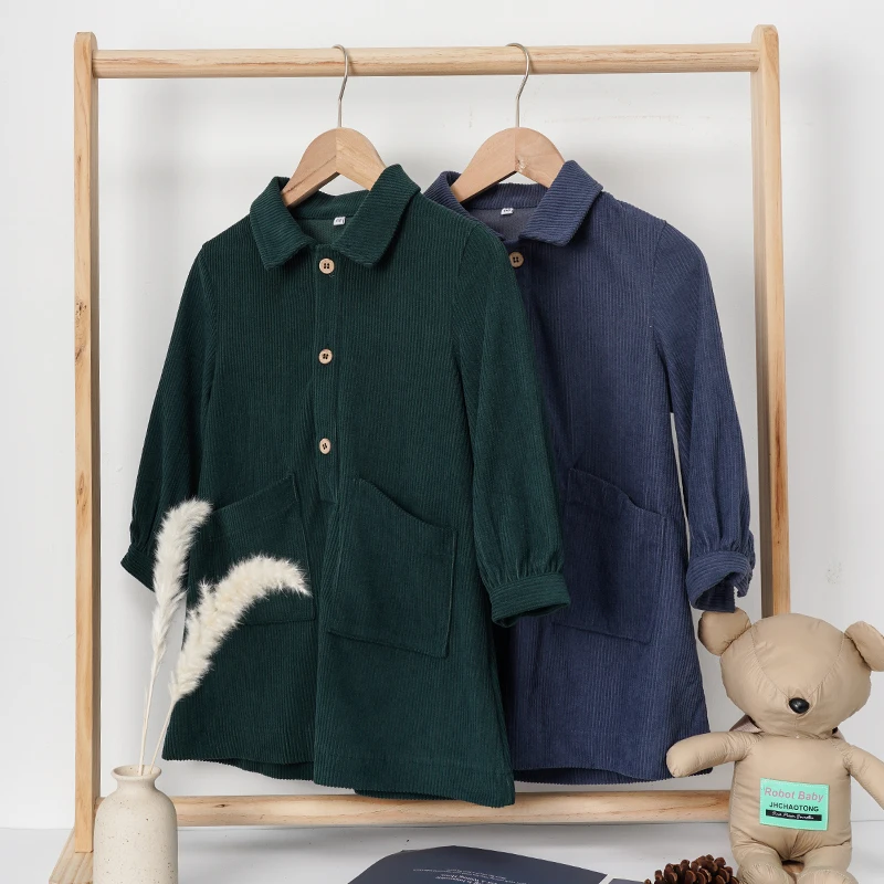 Lässiges Cordkleid für Mädchen 2026 Retro Herbst Neu Kinderkleid mit Revers Knöpfen Langarm mit Taschen Winterkleidung – Detail 20