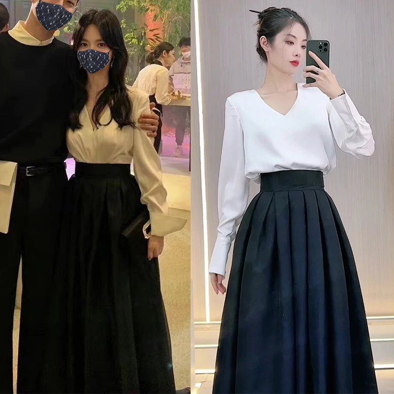 

White V-Neck Long Sleeve Shirt And Black Puffy Skirt Two-Piece Set Elegant A-Line Skirt Ensemble for Women Ages 25-35