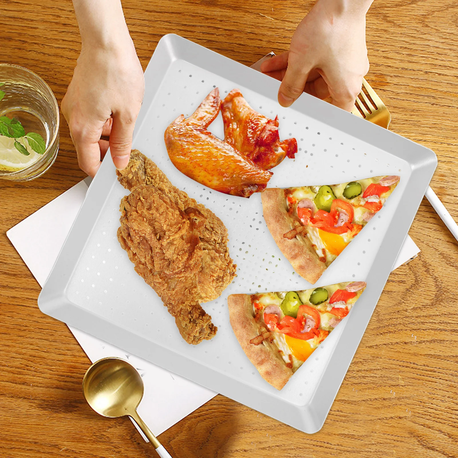 

Pizza Pan Perforated Rectangle 12 Inch Oven Baking Tray Nonstick Aluminum Alloy Crisper for Home Kitchen Baking Supply