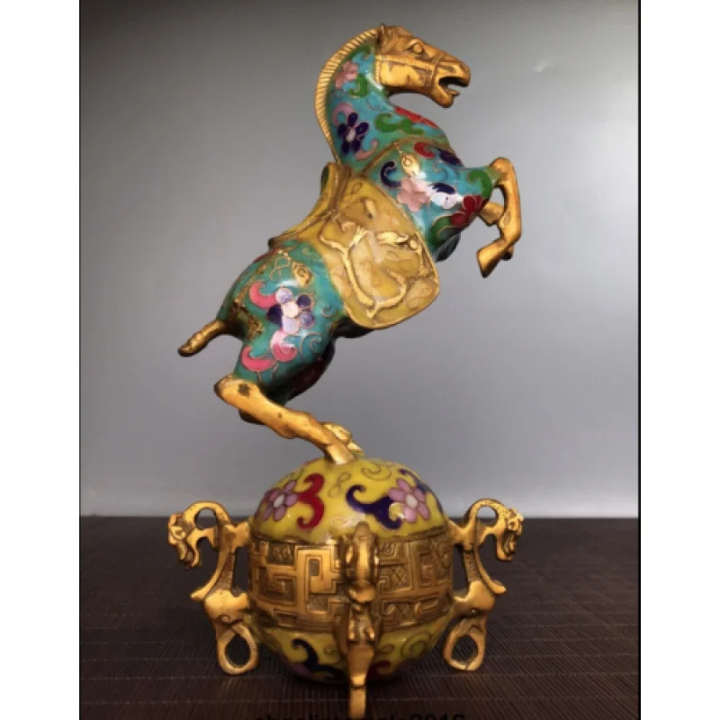 Chinese  Qing Dynasty  Pure copper  Cloisonne  Horse  Step on the ball  statue