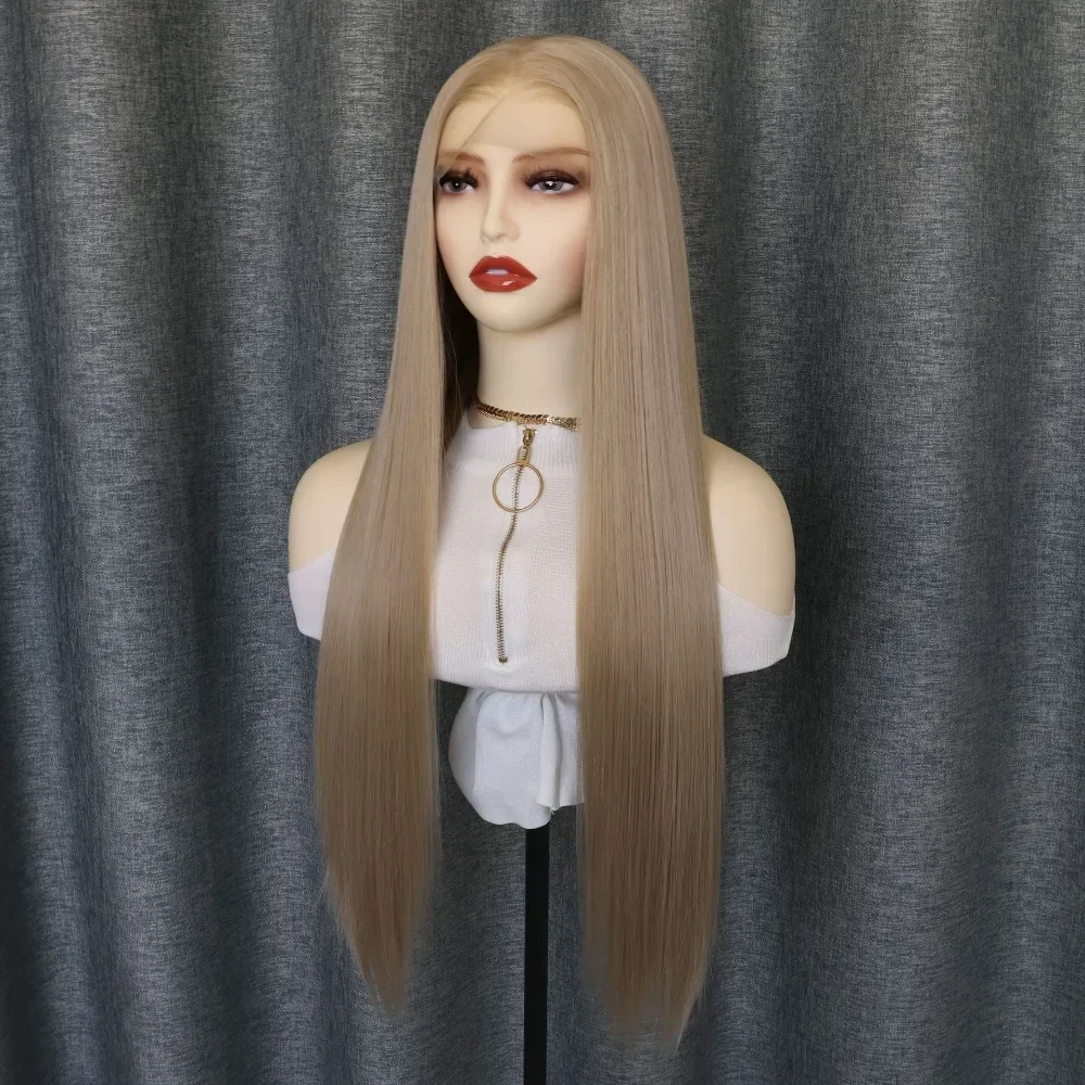 Fashion 13x6 renda depan pasir warna emas sintetis halus lurus Wig panjang untuk wanita bagian tengah Wig kualitas tinggi penggunaan sehari-hari