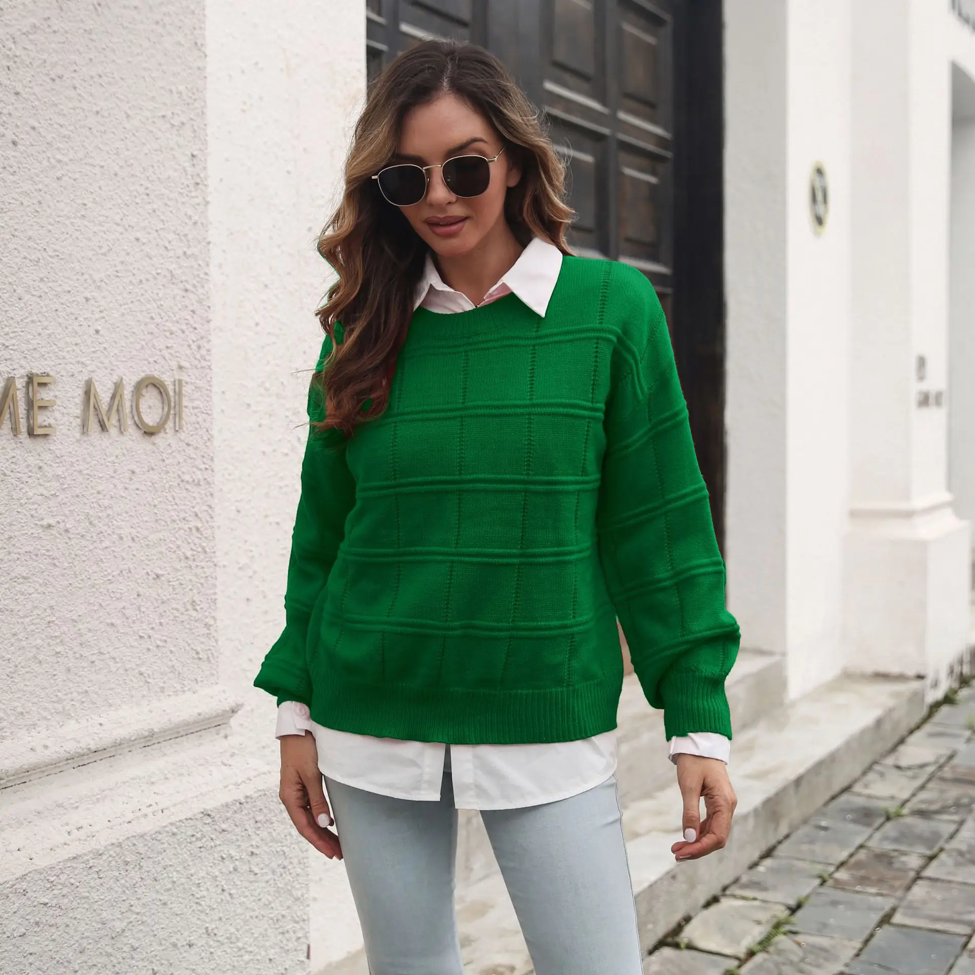 

Spring Autumn Women's New Three Dimensional Check Sweater Loose Long Sleeve Slim Fit Elegant Office Versatile Pullover Knitwear