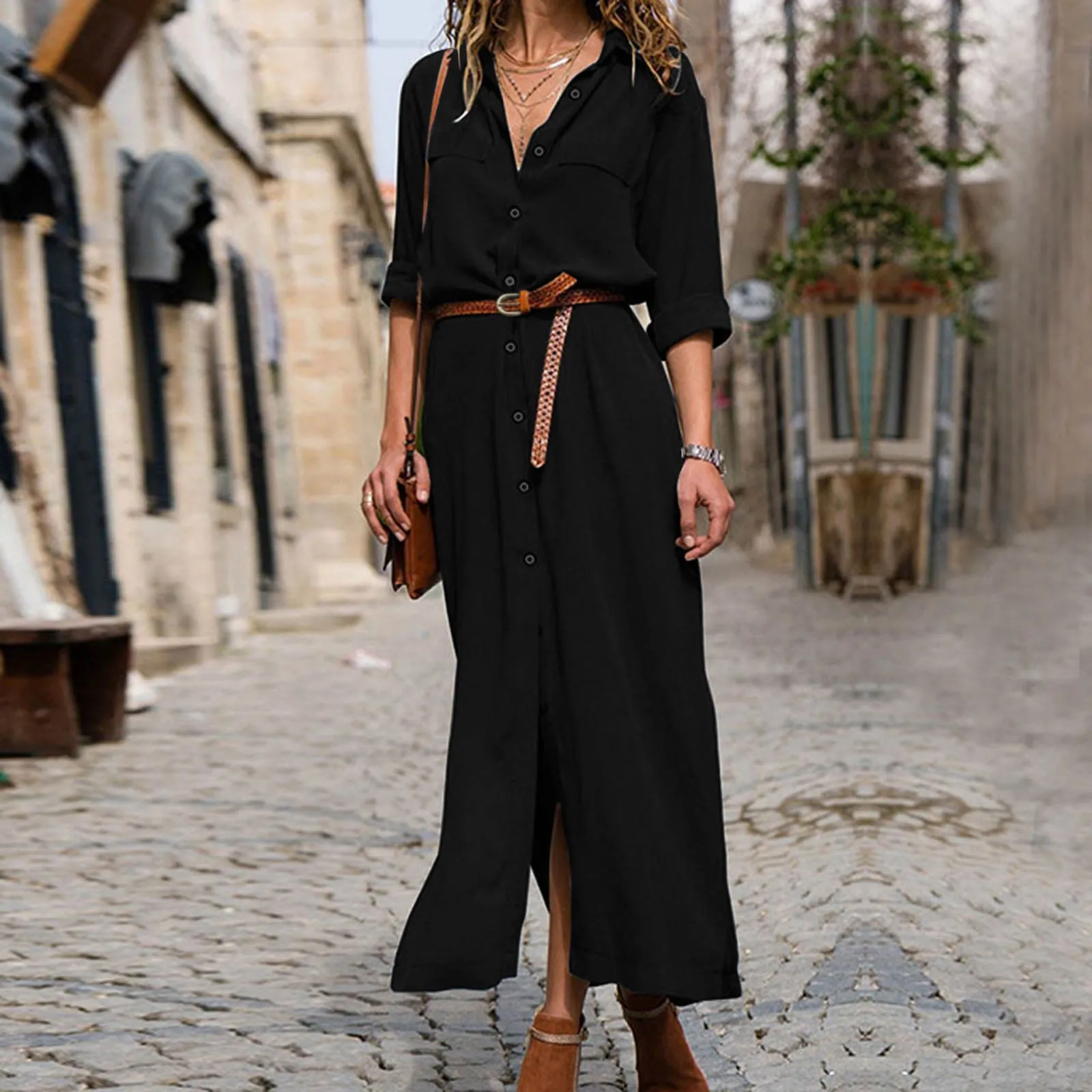 Robe maxi à manches longues et col en V pour femmes, robe de plage décontractée, robe de soirée bohème, vêtements féminins à revers, automne, 2024