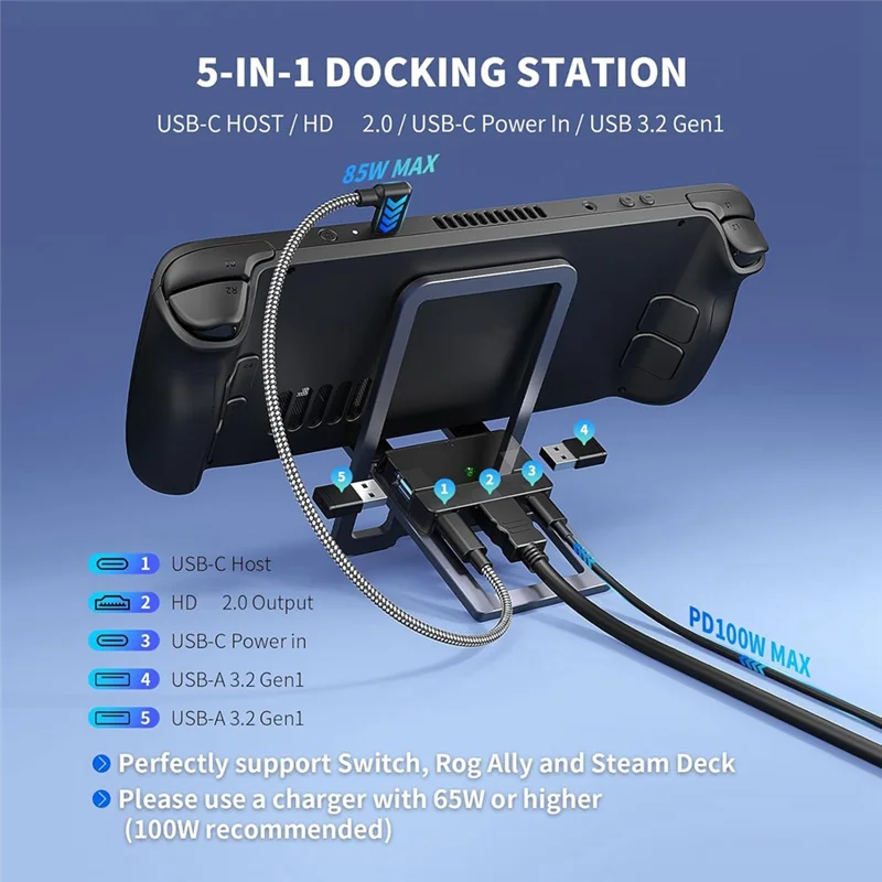 Док-станция USB C 5 в 1, складная металлическая зарядная подставка для Steam Deck/Switch/ROG Ally X/Legion Go-POS