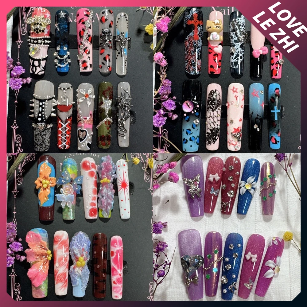 

10Pcs Europe America 3D Kt Cat Flowers Long Coffin Handmade Press On Nails Diamond Butterfly Pearl Rivets Bowknot Fake Nails