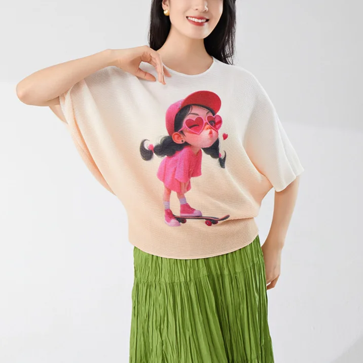 

Женская футболка больших размеров свободного кроя с милым мультяшным принтом, высококачественная, элегантная, повседневная, универсальная, в стиле Мияке, летняя одежда