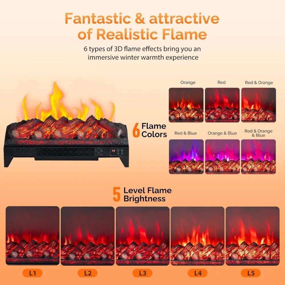 26 inserts de cheminée électrique avec télécommande, WiFi, faux bûches, minuterie, protection contre la surchauffe, flamme réglable
