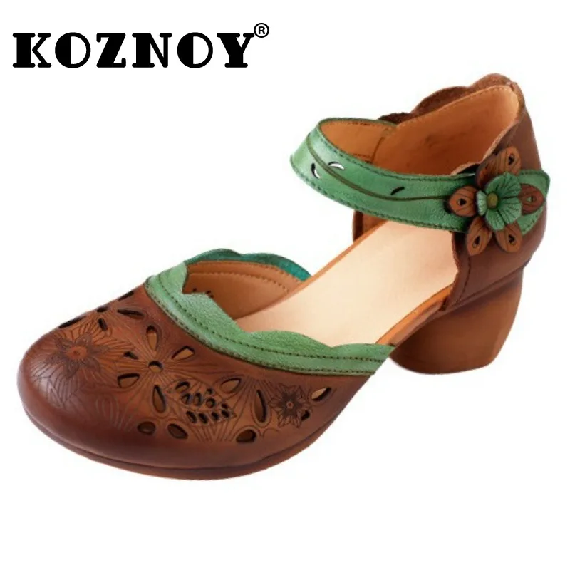 

Koznoy 5cm Genuine Leather Designer Flats Appliques Fashion Sandals Slippers Women Oxfords Hook Hollow Summer Mary Jane Shoes