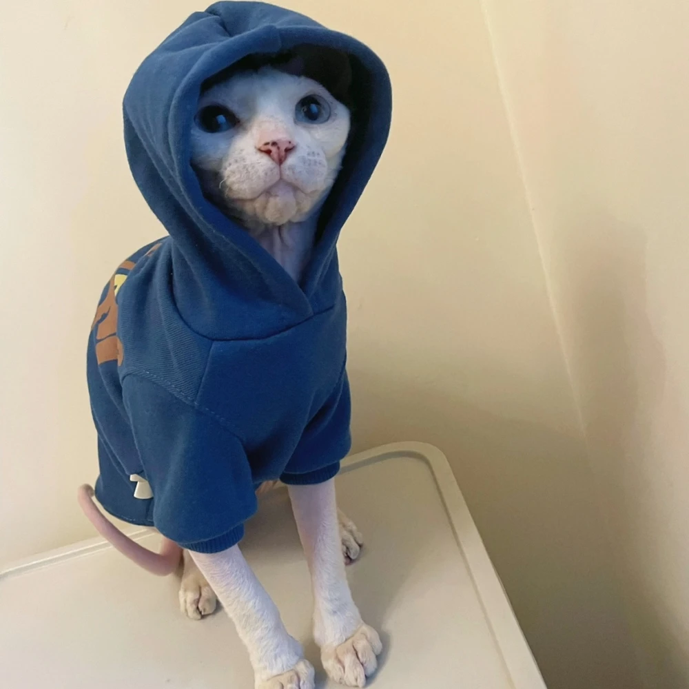 Sphnyx Cat Clothes,Male Cat Fleece Cartoon Hooded Sweatshirt, Thick Warm Winter Coat for Kittens,Long sleeves Loungewear for Dog