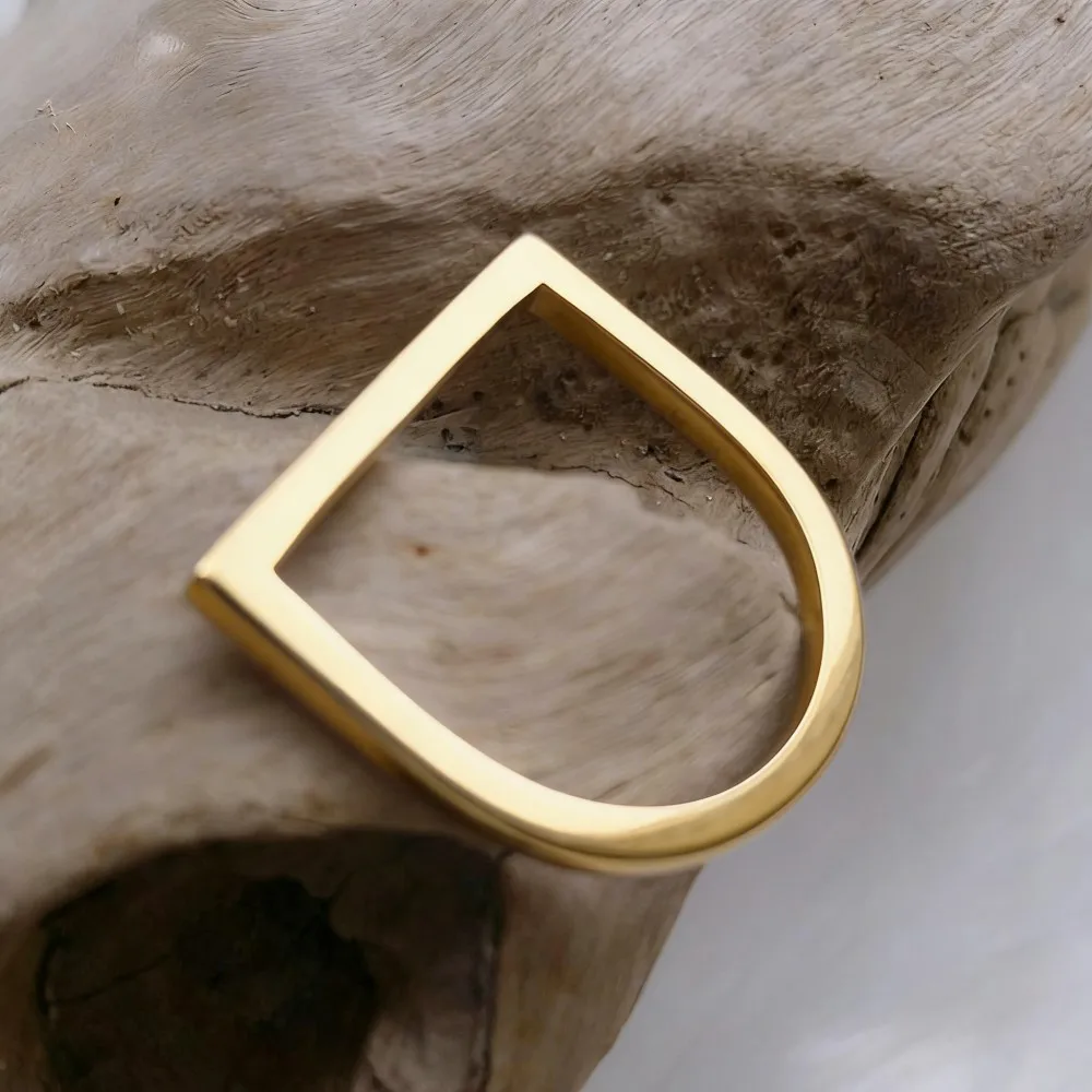 Gold Plated Dainty D-Shape Ring for Women, Premium Stainless Steel Waterproof Minimalist Band, Elegant Gift
