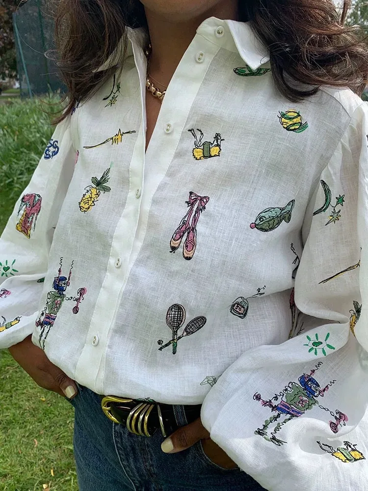 

Women Long Sleeve Embroidered Pattern Shirt Turn-down Collar Single Breasted 100% Linen Shirt