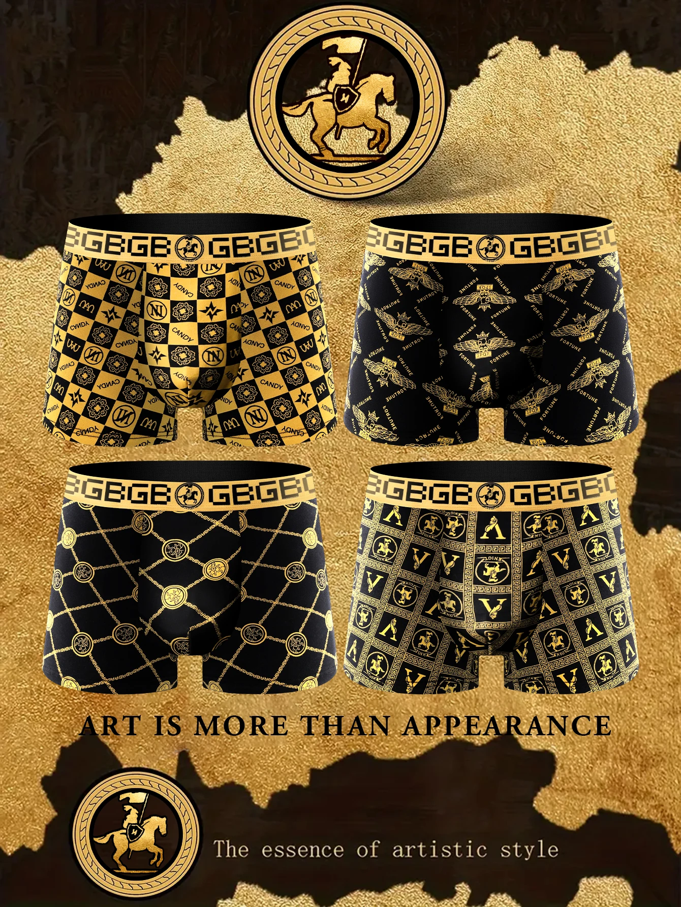 4 pieces of men's underwear, boxer shorts men's underwear, black and gold boxer underwear breathable men's plus size universal