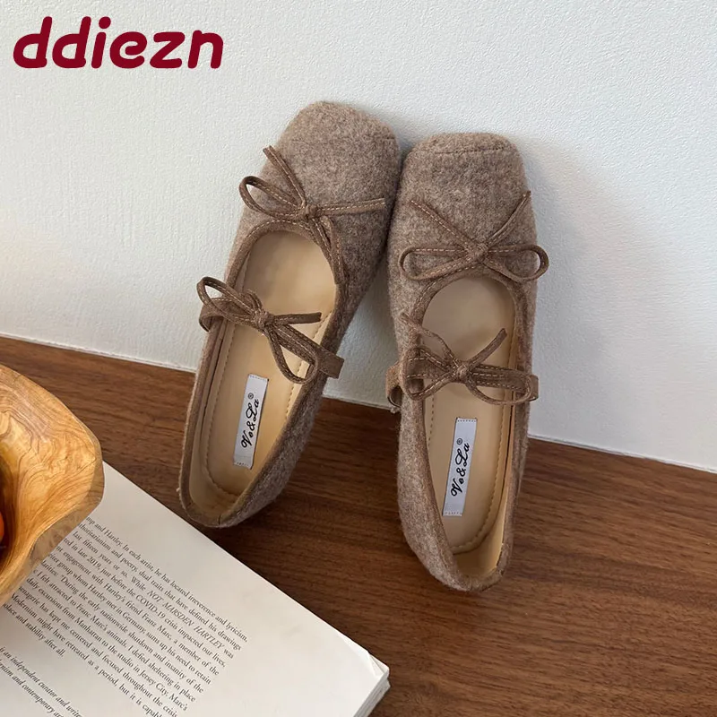 

Модные женские туфли Мэри Джейн на плоской подошве из флока, мягкая женская обувь на плоской подошве, женские туфли без шнуровки с узлом-бабочкой, 2025 г.