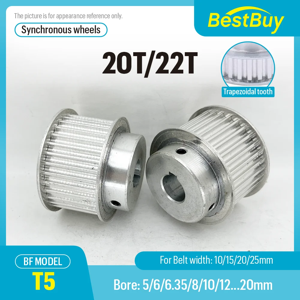 

20T/22T Synchronous Wheels Bore 5-20mm Alloy Wheels BF Shape Pitch 5mm Match With Width 10/15/20/25mm T5 Timing Belt