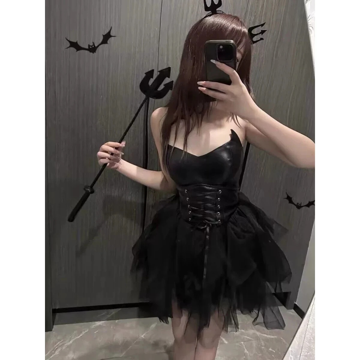فستان قصير مثير للهالوين بتصميم شيطاني، زي جلدي نحيف للنساء، أزياء صيفية مع حزام مطاطي