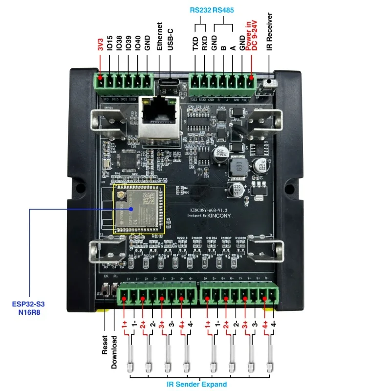 Kincony AG8 ESP32-S3-WROOM-1U N16R8 Chip Smart IR Controller ESPHome RS485 RS232 1-wire GPIOs 8CH IR Sender Terminal Tube