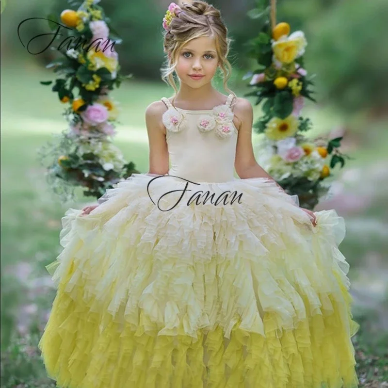 Customized Elegant Light Green Tulle Flower Girl Dresses Sweep Train A-Line 3D  Kid Communion Dress Princess Lace Birthday Party