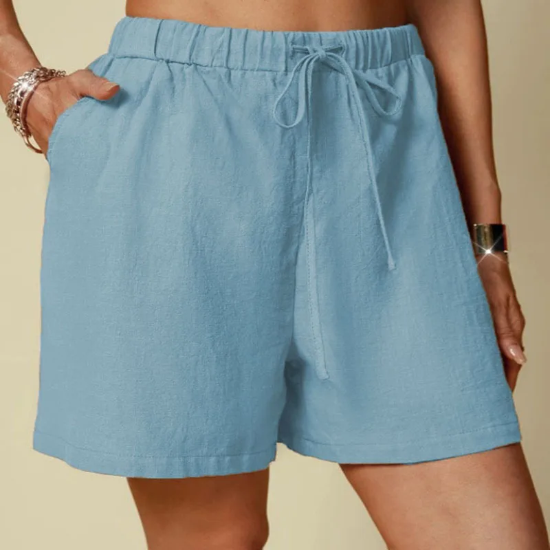กางเกงขาสั้นผ้าฝ้ายและผ้าลินินสีพื้นทรงหลวมสบายเอวยางยืดผูกเชือกสำหรับผู้หญิงรุ่นใหม่ประจำฤดูร้อน