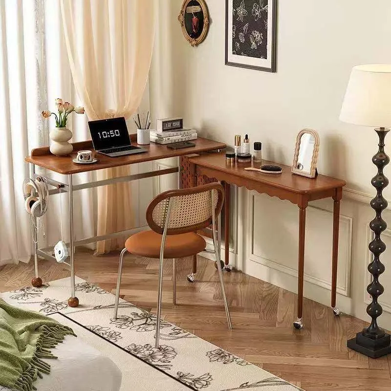 

French retro solid wood retractable desk small apartment bedroom