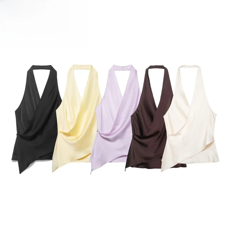 Fashionable Silk Satin Women's Top Hanging Neck Collar Quality Texture 3D Splicing Loose Fit Short Length V-neck Polyester