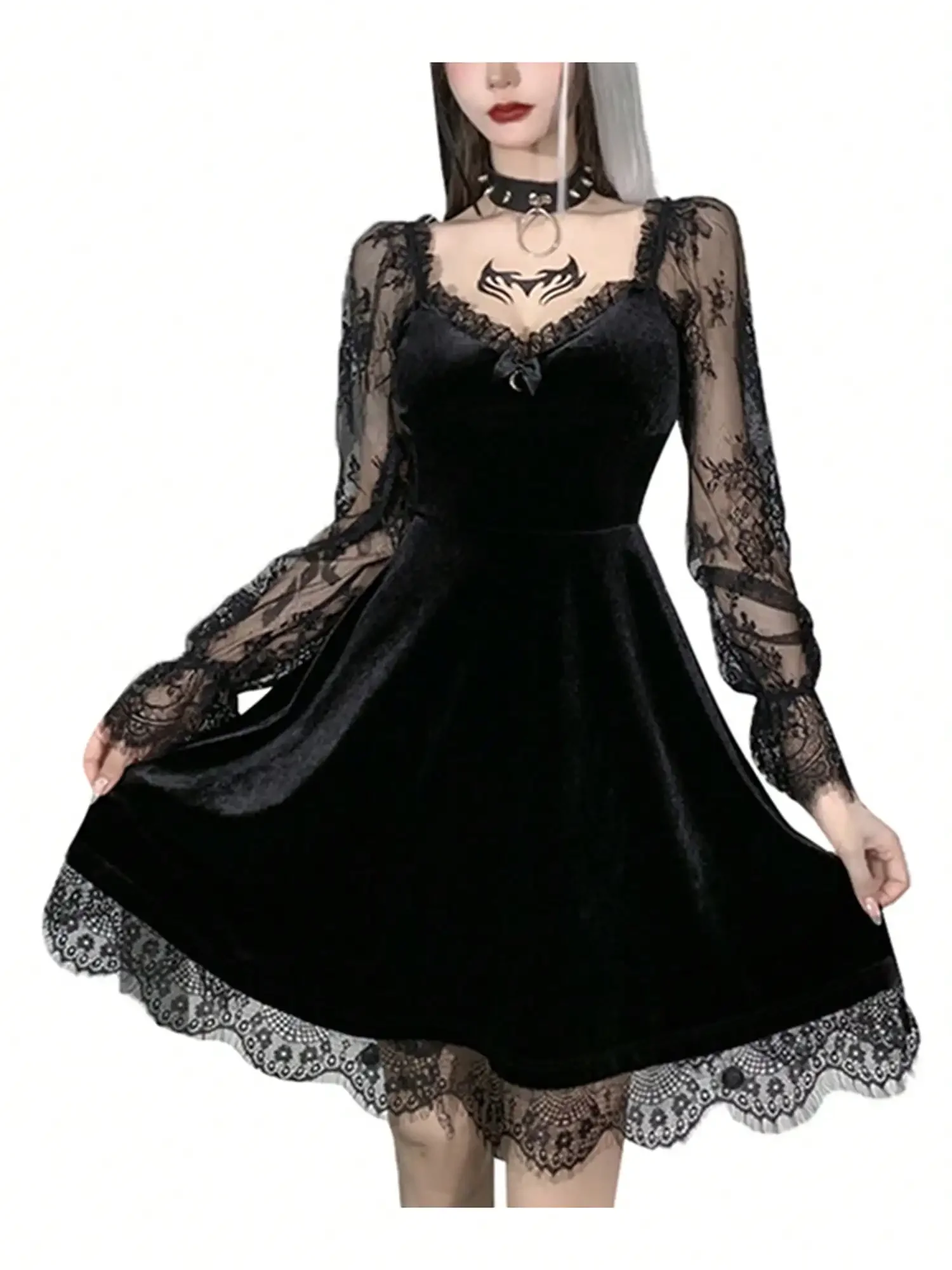 

Women Gothic Vintage Dress Solid Color Velvet Lace Stitching V-Neck Long Flare Sleeve One-Piece Cosplay Party Cocktail