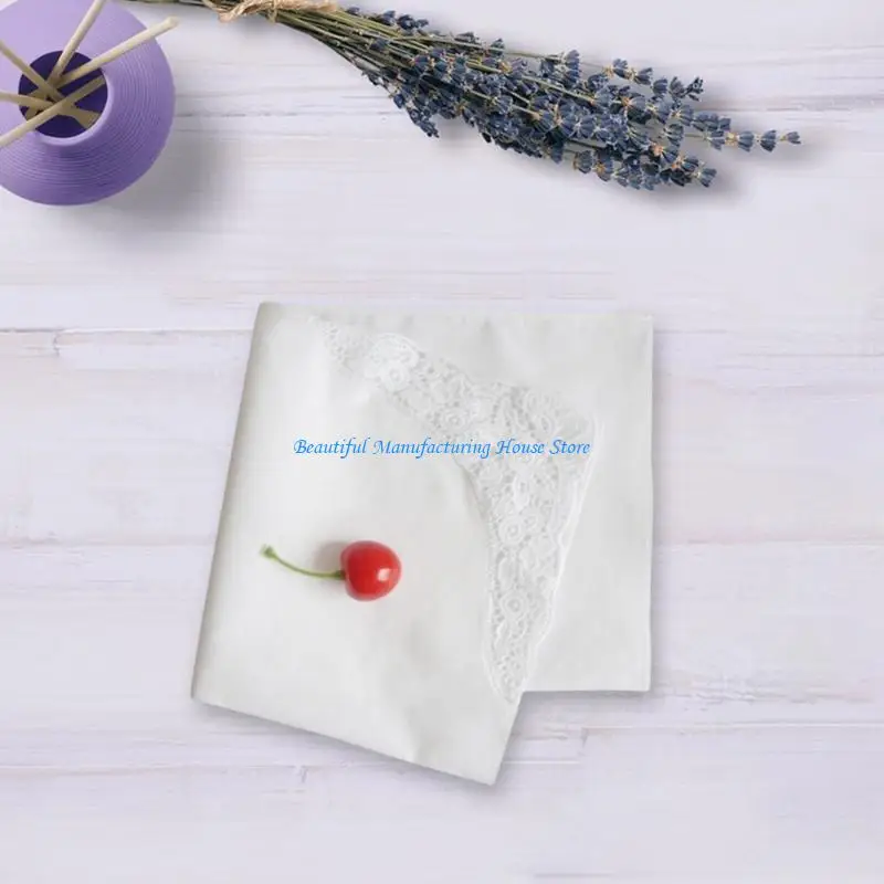 

E56A Elegant Lace Trimmed Lady Cotton Handkerchiefs Delicate Flower Lace Hankies